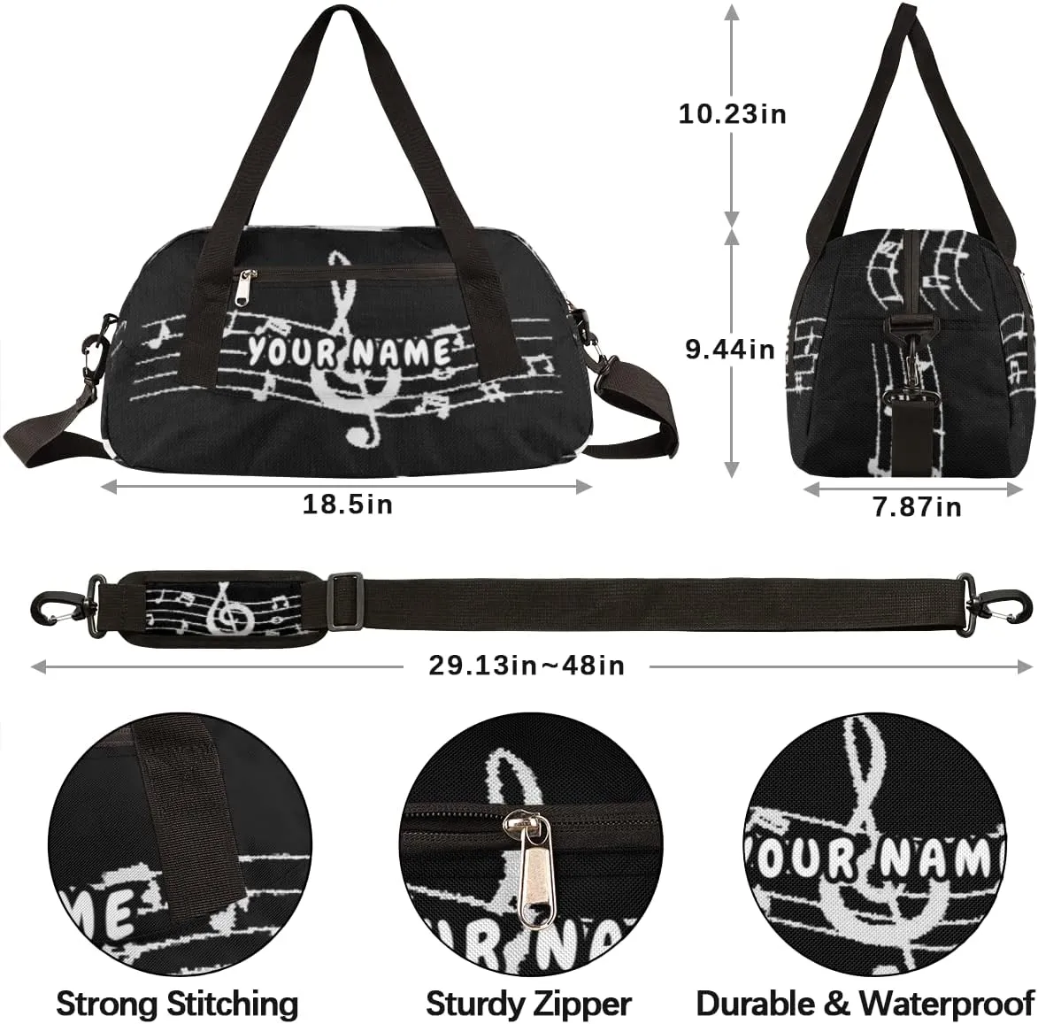 Music Notes Personalized Kids Duffel Bag for Girls Boys, Music Notes Debris Custom Name Dance Bag Overnight Small Duffel Bag Carry On Weekend Sports Travel Bag for School Practice Gymnastics Ballet