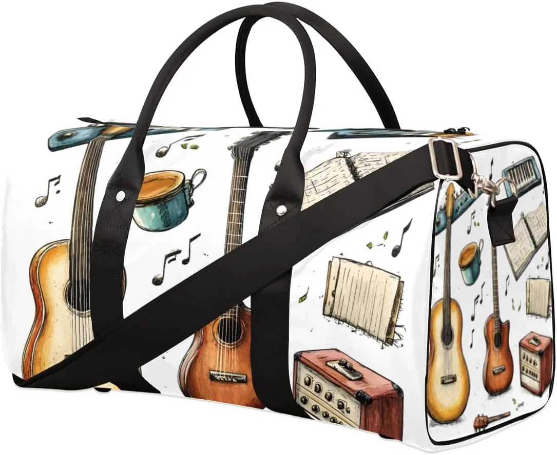 Musical Guitar Travel Duffle Bag for Women Men Gym Duffel Foldable Bag Waterproof Weekender Music Note Duffle Tote