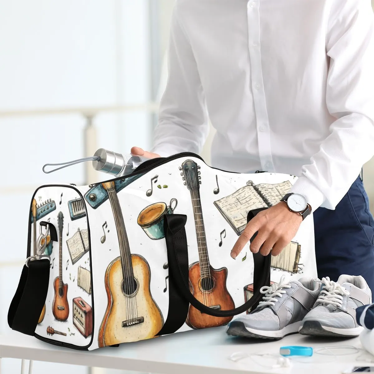 Musical Guitar Travel Duffle Bag for Women Men Gym Duffel Foldable Bag Waterproof Weekender Music Note Duffle Tote