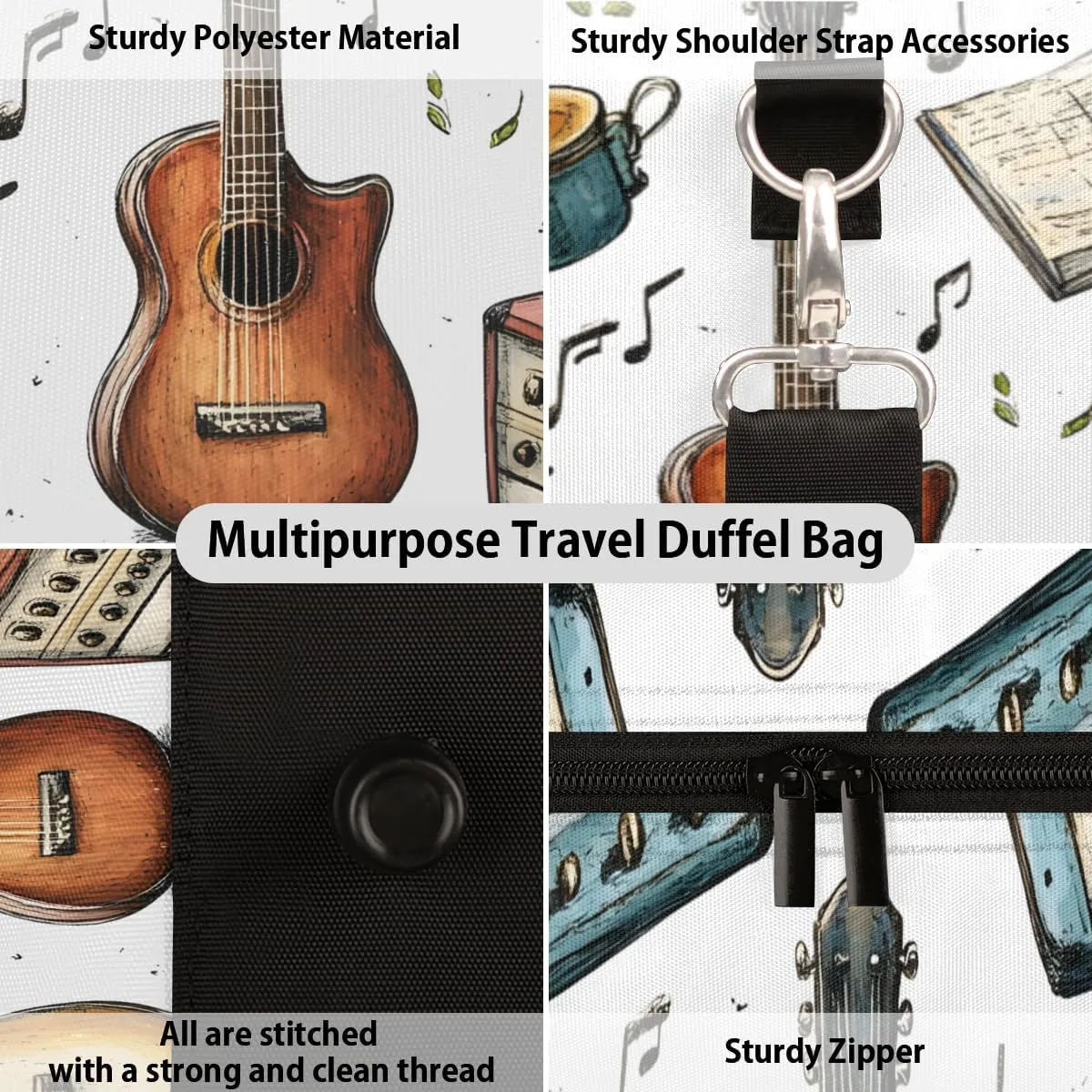 Musical Guitar Travel Duffle Bag for Women Men Gym Duffel Foldable Bag Waterproof Weekender Music Note Duffle Tote
