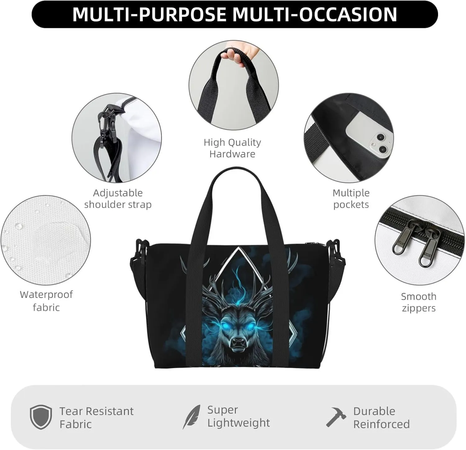 mystical deer print Travel Duffel Bag, Sports Tote Gym Bag, Swim Pool Bag Large Shoulder Tote Bag for Beach Weekender