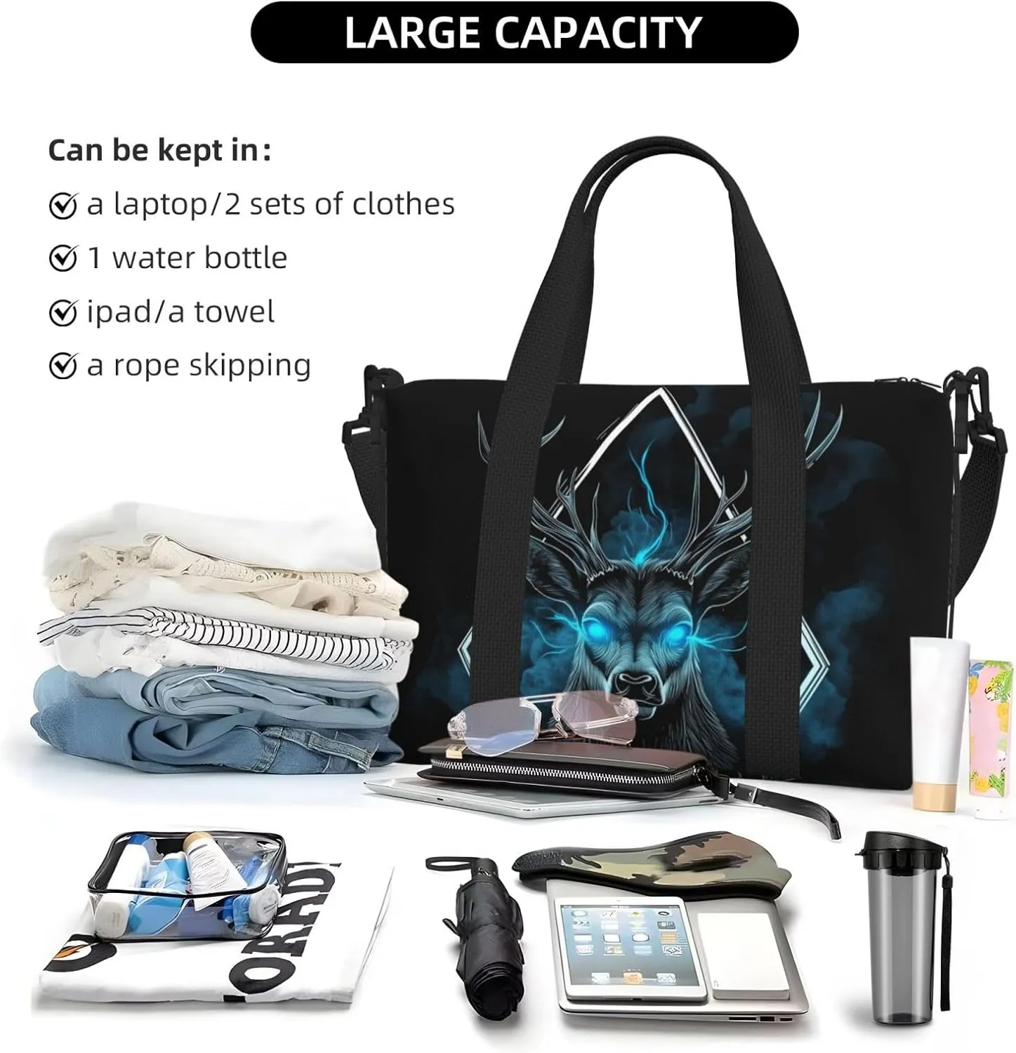 mystical deer print Travel Duffel Bag, Sports Tote Gym Bag, Swim Pool Bag Large Shoulder Tote Bag for Beach Weekender