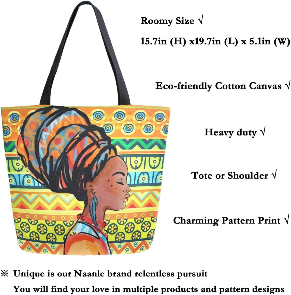 Naanle Africa Canvas Tote Bag Large Women Casual Shoulder Bag Handbag, African Girl Reusable Multipurpose Heavy Duty Shopping Grocery Cotton Bag for Outdoors.