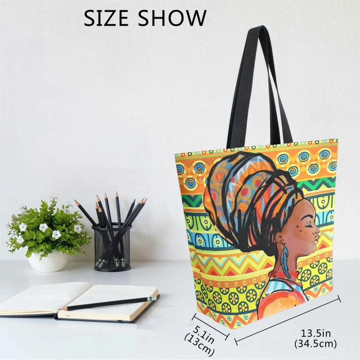 Naanle Africa Canvas Tote Bag Large Women Casual Shoulder Bag Handbag, African Girl Reusable Multipurpose Heavy Duty Shopping Grocery Cotton Bag for Outdoors.