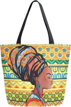 Naanle Africa Canvas Tote Bag Large Women Casual Shoulder Bag Handbag, African Girl Reusable Multipurpose Heavy Duty Shopping Grocery Cotton Bag for Outdoors.