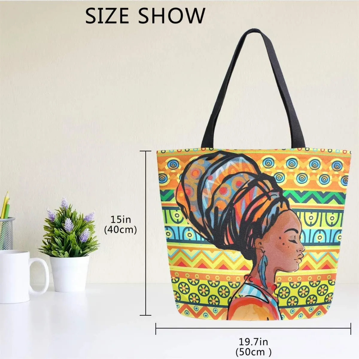Naanle Africa Canvas Tote Bag Large Women Casual Shoulder Bag Handbag, African Girl Reusable Multipurpose Heavy Duty Shopping Grocery Cotton Bag for Outdoors.