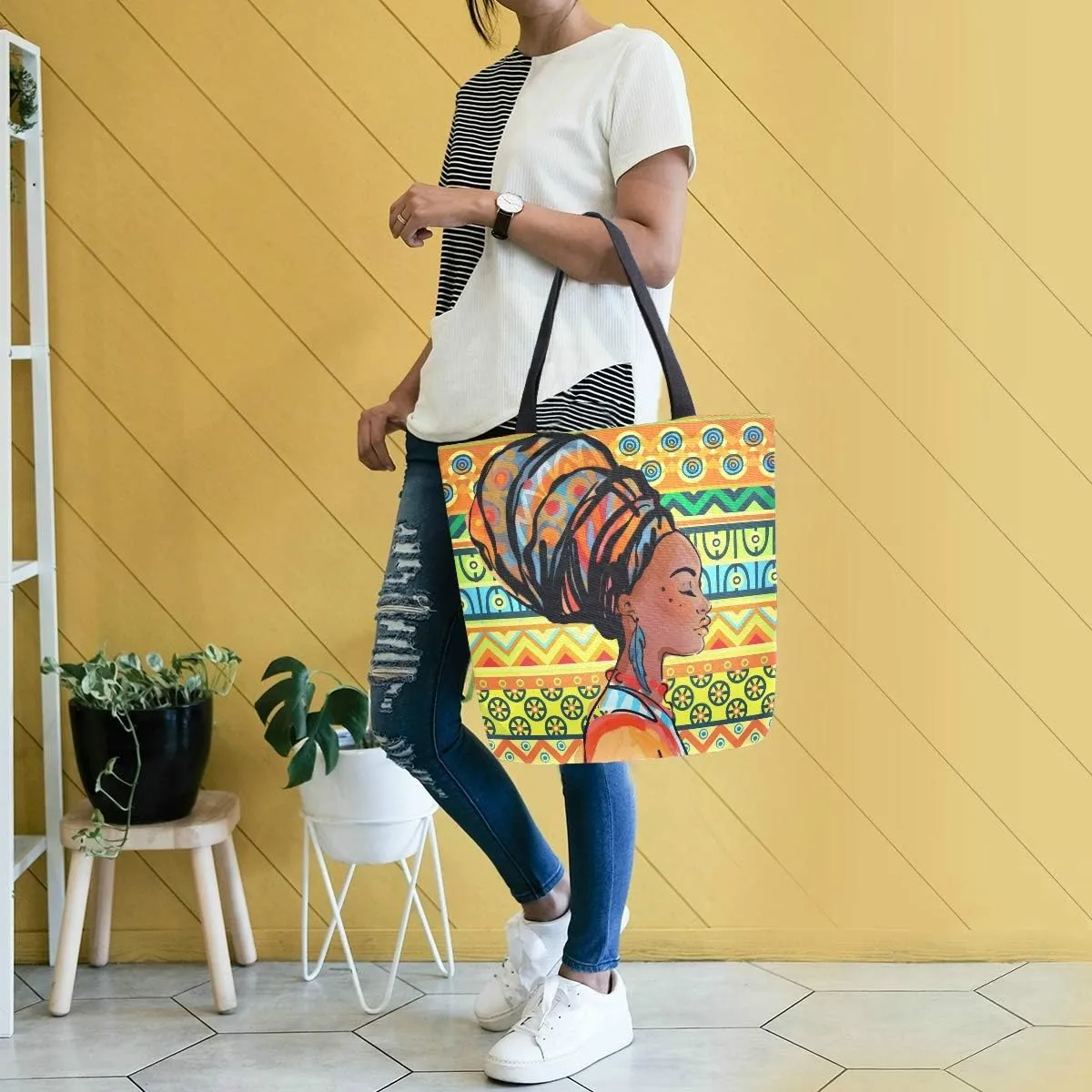 Naanle Africa Canvas Tote Bag Large Women Casual Shoulder Bag Handbag, African Girl Reusable Multipurpose Heavy Duty Shopping Grocery Cotton Bag for Outdoors.