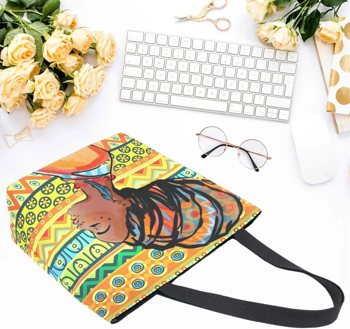 Naanle Africa Canvas Tote Bag Large Women Casual Shoulder Bag Handbag, African Girl Reusable Multipurpose Heavy Duty Shopping Grocery Cotton Bag for Outdoors.