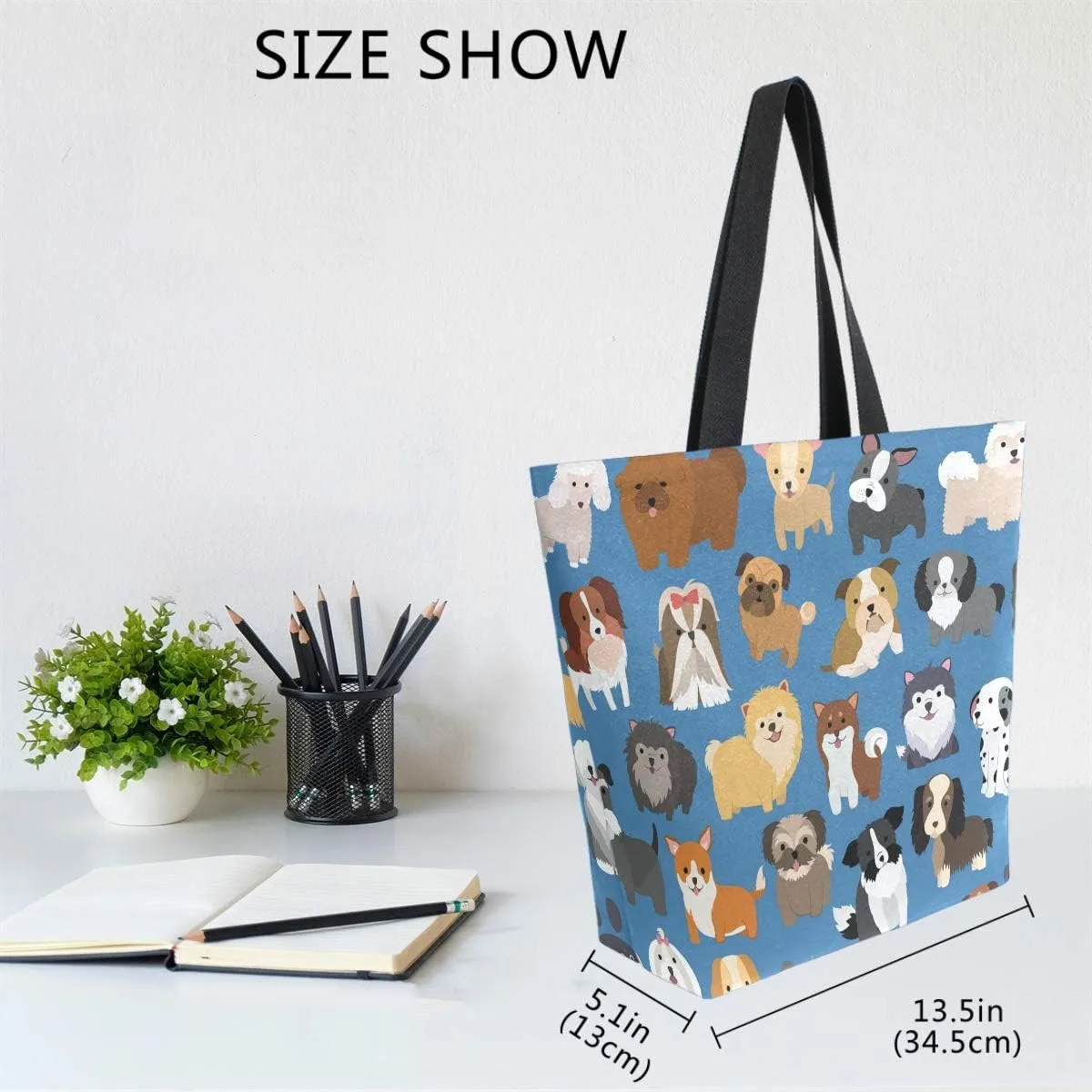 Naanle Animal Dogs Canvas Tote Bag - Large Women's Casual Shoulder Handbag, Cute Dogs Reusable Multipurpose Heavy Duty Shopping Grocery Cotton Bag for Outdoors