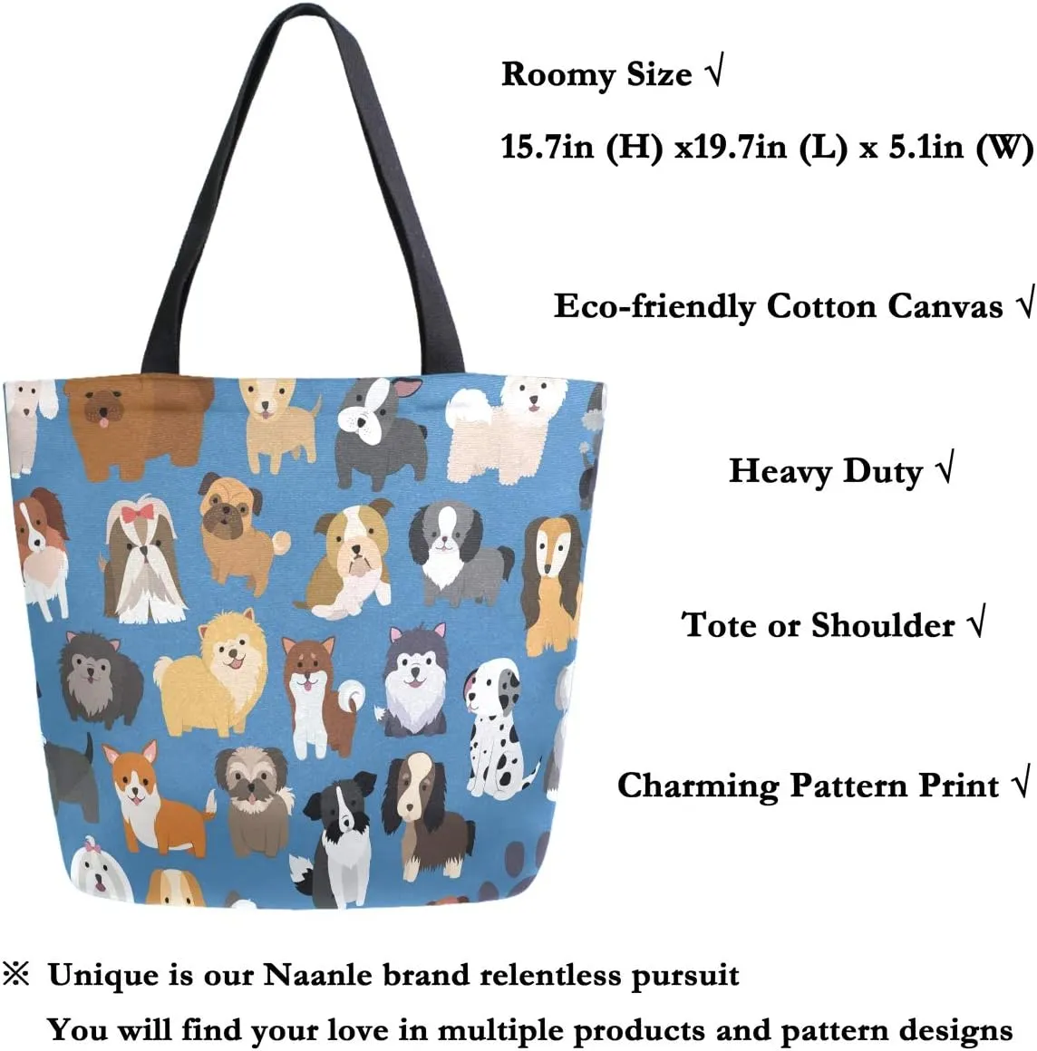 Naanle Animal Dogs Canvas Tote Bag - Large Women's Casual Shoulder Handbag, Cute Dogs Reusable Multipurpose Heavy Duty Shopping Grocery Cotton Bag for Outdoors