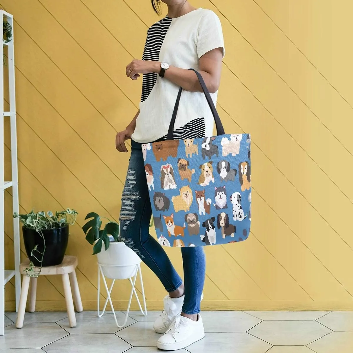 Naanle Animal Dogs Canvas Tote Bag - Large Women's Casual Shoulder Handbag, Cute Dogs Reusable Multipurpose Heavy Duty Shopping Grocery Cotton Bag for Outdoors