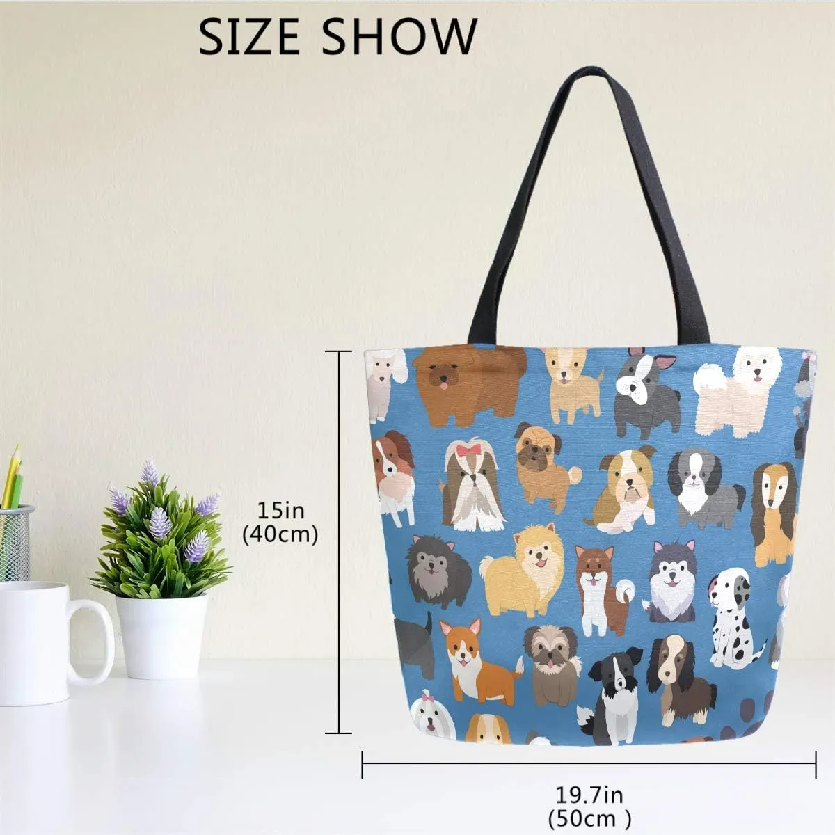 Naanle Animal Dogs Canvas Tote Bag - Large Women's Casual Shoulder Handbag, Cute Dogs Reusable Multipurpose Heavy Duty Shopping Grocery Cotton Bag for Outdoors