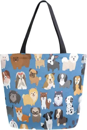Naanle Animal Dogs Canvas Tote Bag - Large Women's Casual Shoulder Handbag, Cute Dogs Reusable Multipurpose Heavy Duty Shopping Grocery Cotton Bag for Outdoors