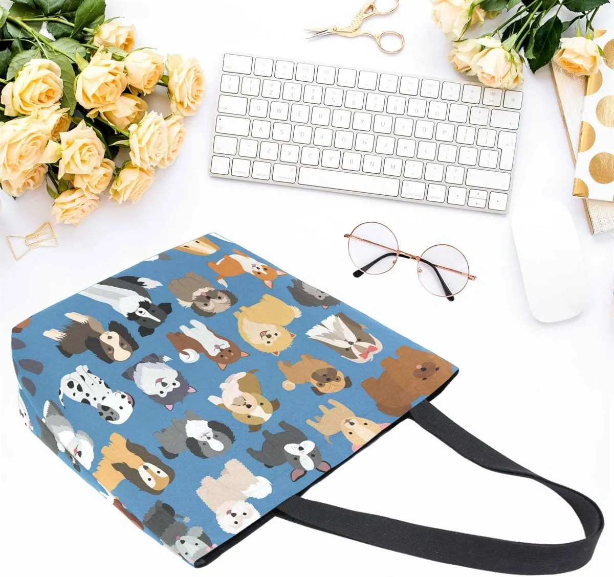 Naanle Animal Dogs Canvas Tote Bag - Large Women's Casual Shoulder Handbag, Cute Dogs Reusable Multipurpose Heavy Duty Shopping Grocery Cotton Bag for Outdoors
