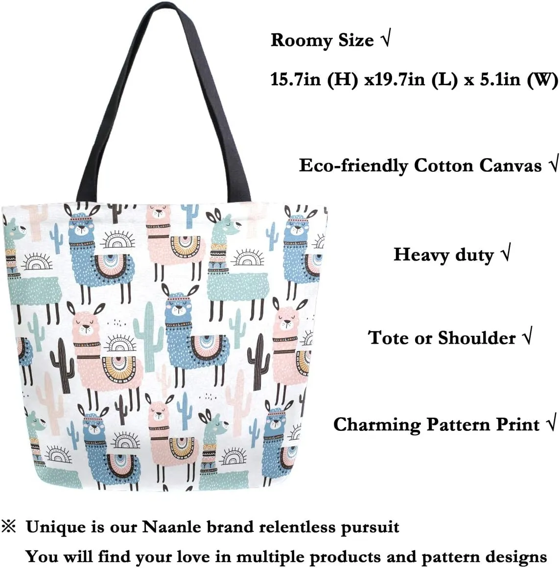 Naanle Animal Llama Canvas Tote Bag - Large Women's Casual Shoulder Handbag, Alpaca Llama Reusable Multipurpose Heavy Duty Shopping Grocery Cotton Bag for Outdoors