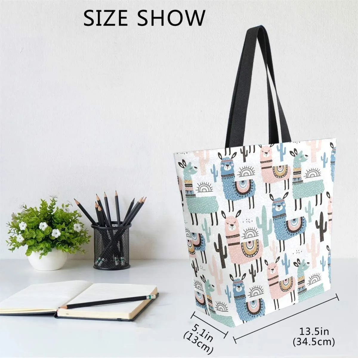 Naanle Animal Llama Canvas Tote Bag - Large Women's Casual Shoulder Handbag, Alpaca Llama Reusable Multipurpose Heavy Duty Shopping Grocery Cotton Bag for Outdoors