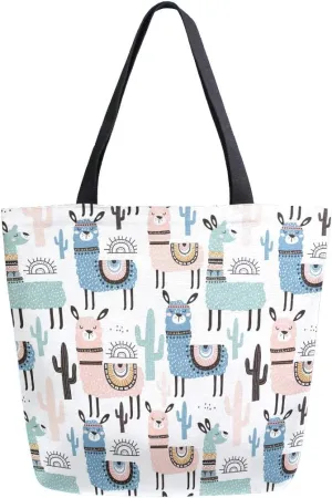 Naanle Animal Llama Canvas Tote Bag - Large Women's Casual Shoulder Handbag, Alpaca Llama Reusable Multipurpose Heavy Duty Shopping Grocery Cotton Bag for Outdoors