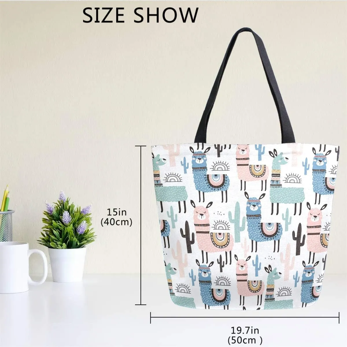 Naanle Animal Llama Canvas Tote Bag - Large Women's Casual Shoulder Handbag, Alpaca Llama Reusable Multipurpose Heavy Duty Shopping Grocery Cotton Bag for Outdoors