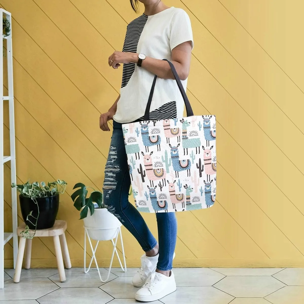 Naanle Animal Llama Canvas Tote Bag - Large Women's Casual Shoulder Handbag, Alpaca Llama Reusable Multipurpose Heavy Duty Shopping Grocery Cotton Bag for Outdoors