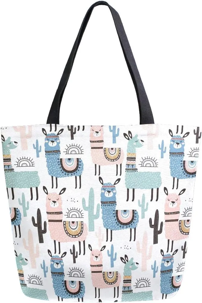 Naanle Animal Llama Canvas Tote Bag - Large Women's Casual Shoulder Handbag, Alpaca Llama Reusable Multipurpose Heavy Duty Shopping Grocery Cotton Bag for Outdoors