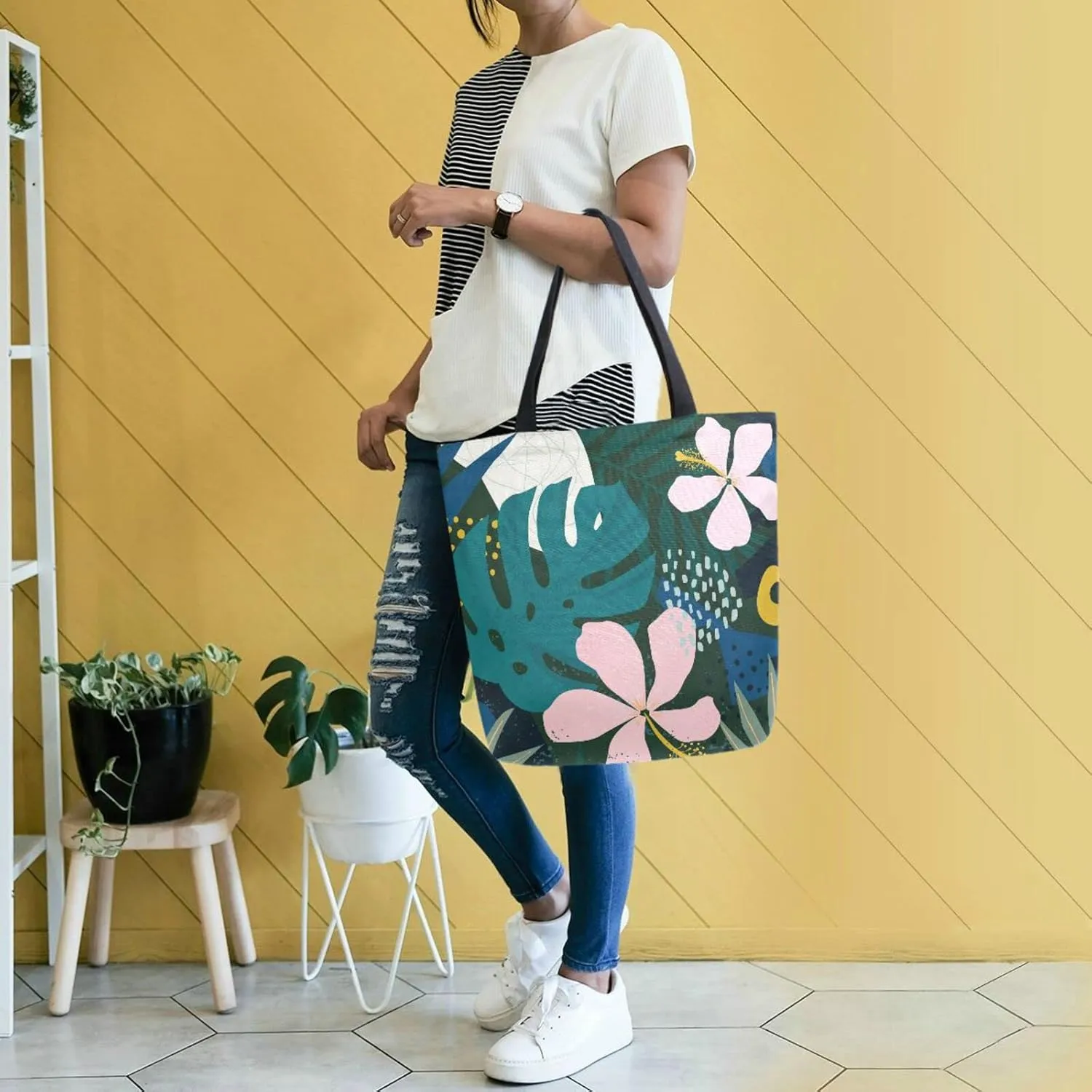 Naanle Canvas Tote Bag Hawaiian Flower Large Women Casual Shoulder Bag Handbag Palm Leaf Reusable Multipurpose Heavy Duty Shopping Grocery Cotton Bag for Outdoors Hawaiian Green