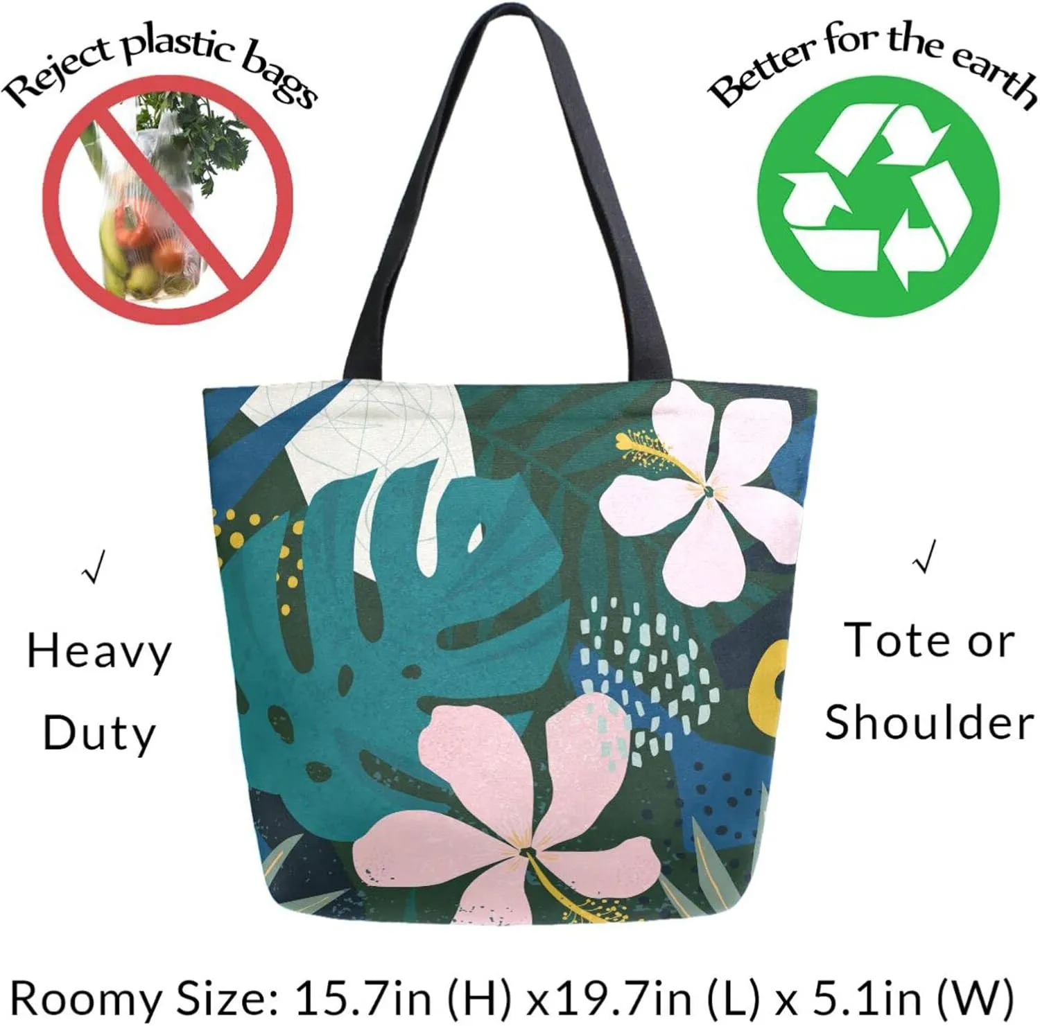 Naanle Canvas Tote Bag Hawaiian Flower Large Women Casual Shoulder Bag Handbag Palm Leaf Reusable Multipurpose Heavy Duty Shopping Grocery Cotton Bag for Outdoors Hawaiian Green
