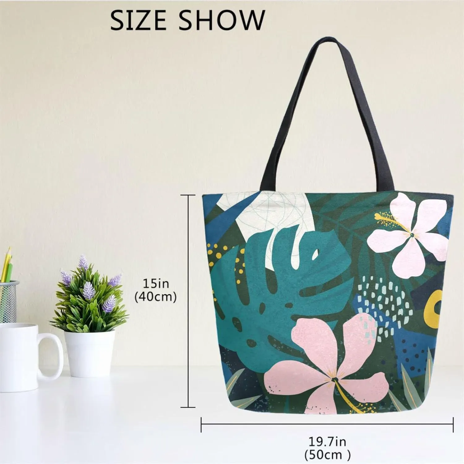 Naanle Canvas Tote Bag Hawaiian Flower Large Women Casual Shoulder Bag Handbag Palm Leaf Reusable Multipurpose Heavy Duty Shopping Grocery Cotton Bag for Outdoors Hawaiian Green