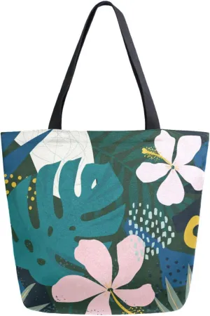 Naanle Canvas Tote Bag Hawaiian Flower Large Women Casual Shoulder Bag Handbag Palm Leaf Reusable Multipurpose Heavy Duty Shopping Grocery Cotton Bag for Outdoors Hawaiian Green