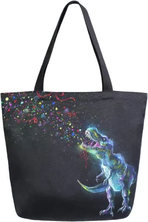 Naanle Dinosaur Canvas Tote Bag Large Women Casual Shoulder Bag Handbag, Colorful Rainbow Dinosaur Reusable Multipurpose Heavy Duty Shopping Grocery Cotton Bag for Outdoors.