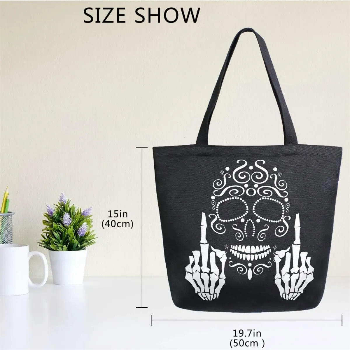 Naanle Floral Skull Canvas Tote, Large Women's Casual Shoulder Bag, Black and White Reusable Multipurpose Heavy Duty Shopping Grocery Cotton Bag for Outdoors