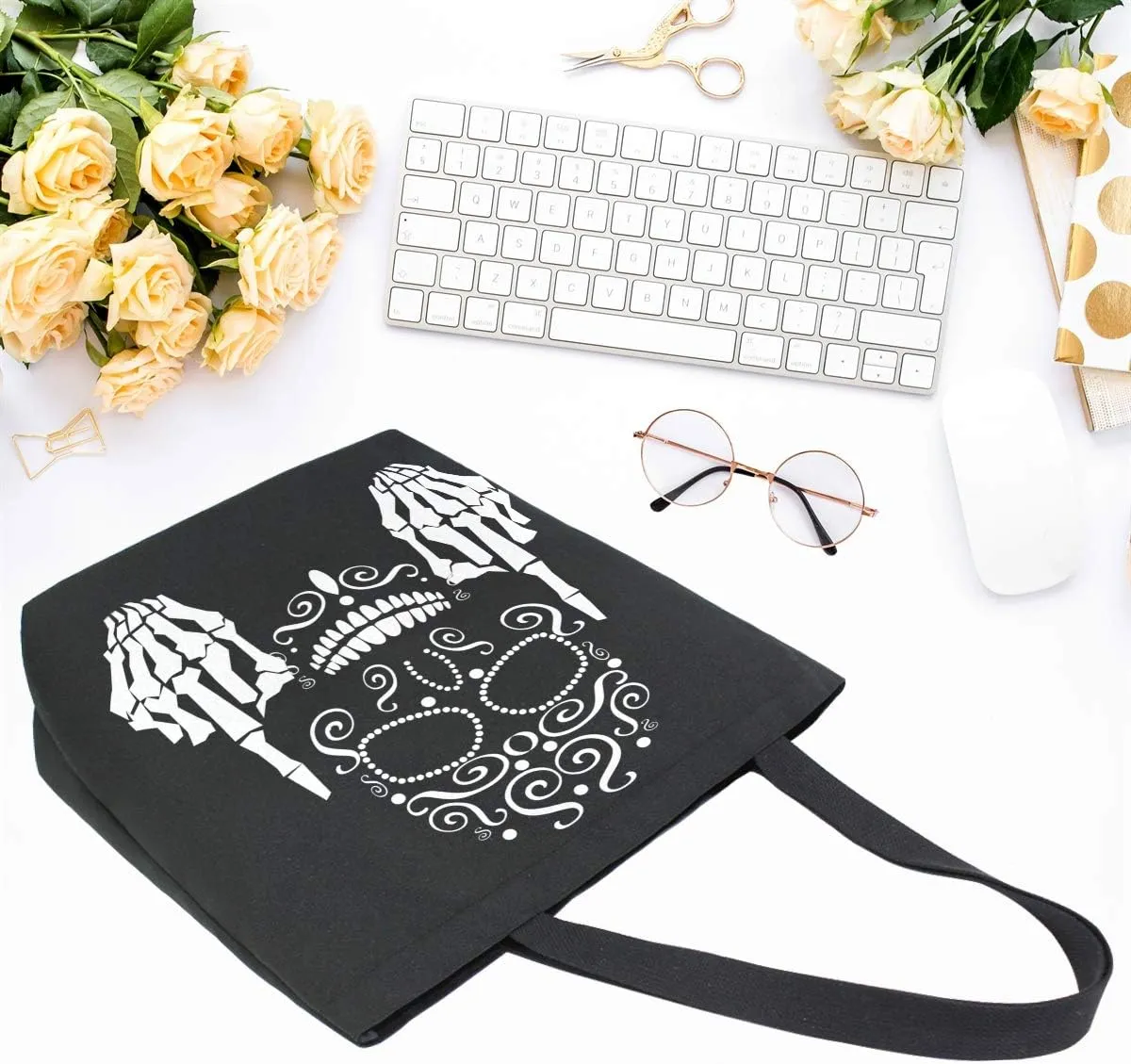 Naanle Floral Skull Canvas Tote, Large Women's Casual Shoulder Bag, Black and White Reusable Multipurpose Heavy Duty Shopping Grocery Cotton Bag for Outdoors