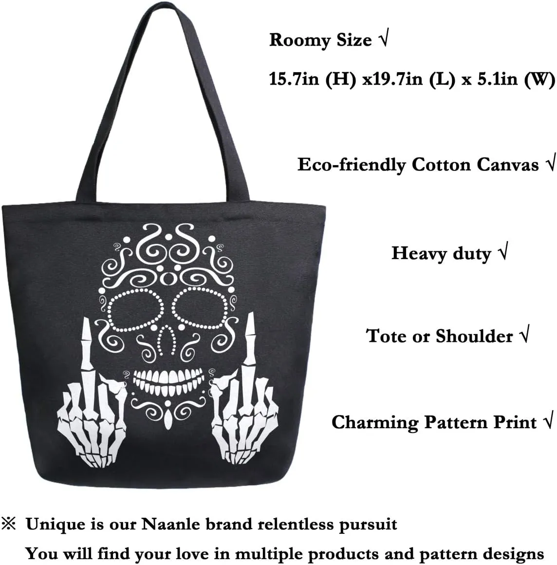 Naanle Floral Skull Canvas Tote, Large Women's Casual Shoulder Bag, Black and White Reusable Multipurpose Heavy Duty Shopping Grocery Cotton Bag for Outdoors