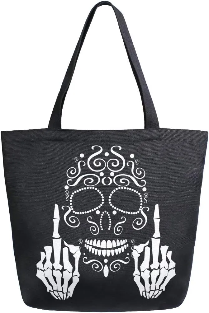 Naanle Floral Skull Canvas Tote, Large Women's Casual Shoulder Bag, Black and White Reusable Multipurpose Heavy Duty Shopping Grocery Cotton Bag for Outdoors
