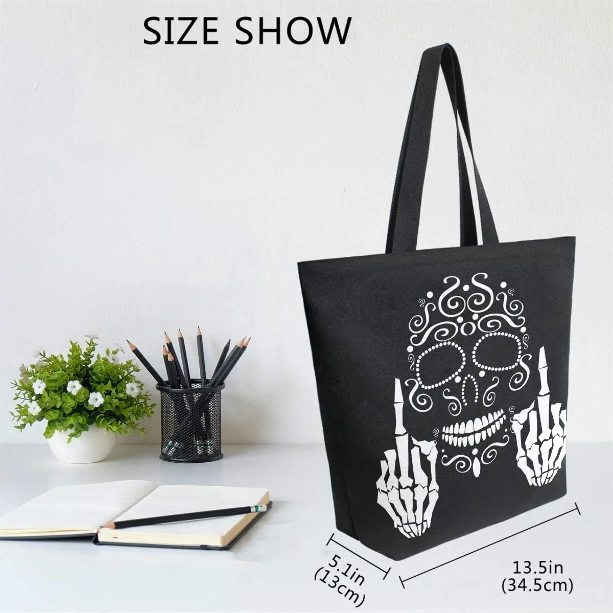 Naanle Floral Skull Canvas Tote, Large Women's Casual Shoulder Bag, Black and White Reusable Multipurpose Heavy Duty Shopping Grocery Cotton Bag for Outdoors