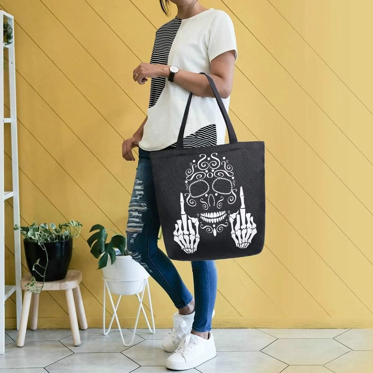 Naanle Floral Skull Canvas Tote, Large Women's Casual Shoulder Bag, Black and White Reusable Multipurpose Heavy Duty Shopping Grocery Cotton Bag for Outdoors
