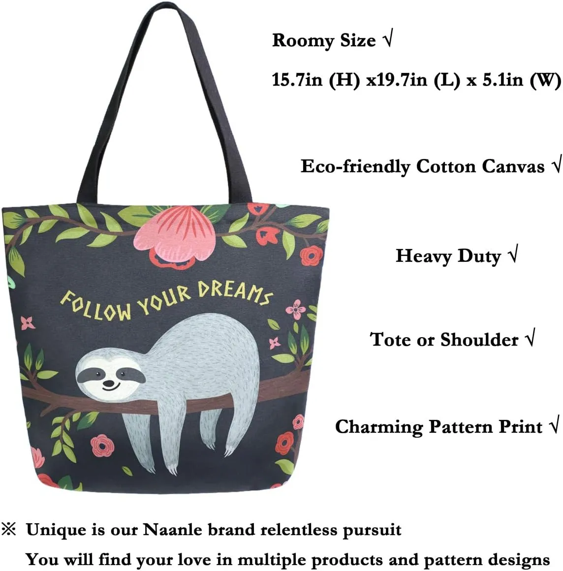 Naanle Follow Your Dreams Canvas Tote Bag Large Women Casual Shoulder Bag Handbag, Floral Sloth Reusable Multipurpose Heavy Duty Shopping Grocery Cotton Bag for Outdoors.