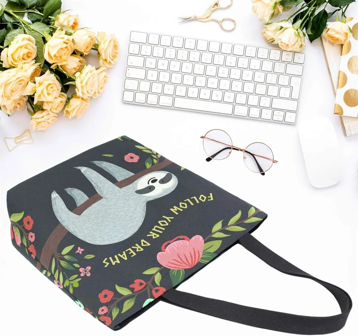 Naanle Follow Your Dreams Canvas Tote Bag Large Women Casual Shoulder Bag Handbag, Floral Sloth Reusable Multipurpose Heavy Duty Shopping Grocery Cotton Bag for Outdoors.