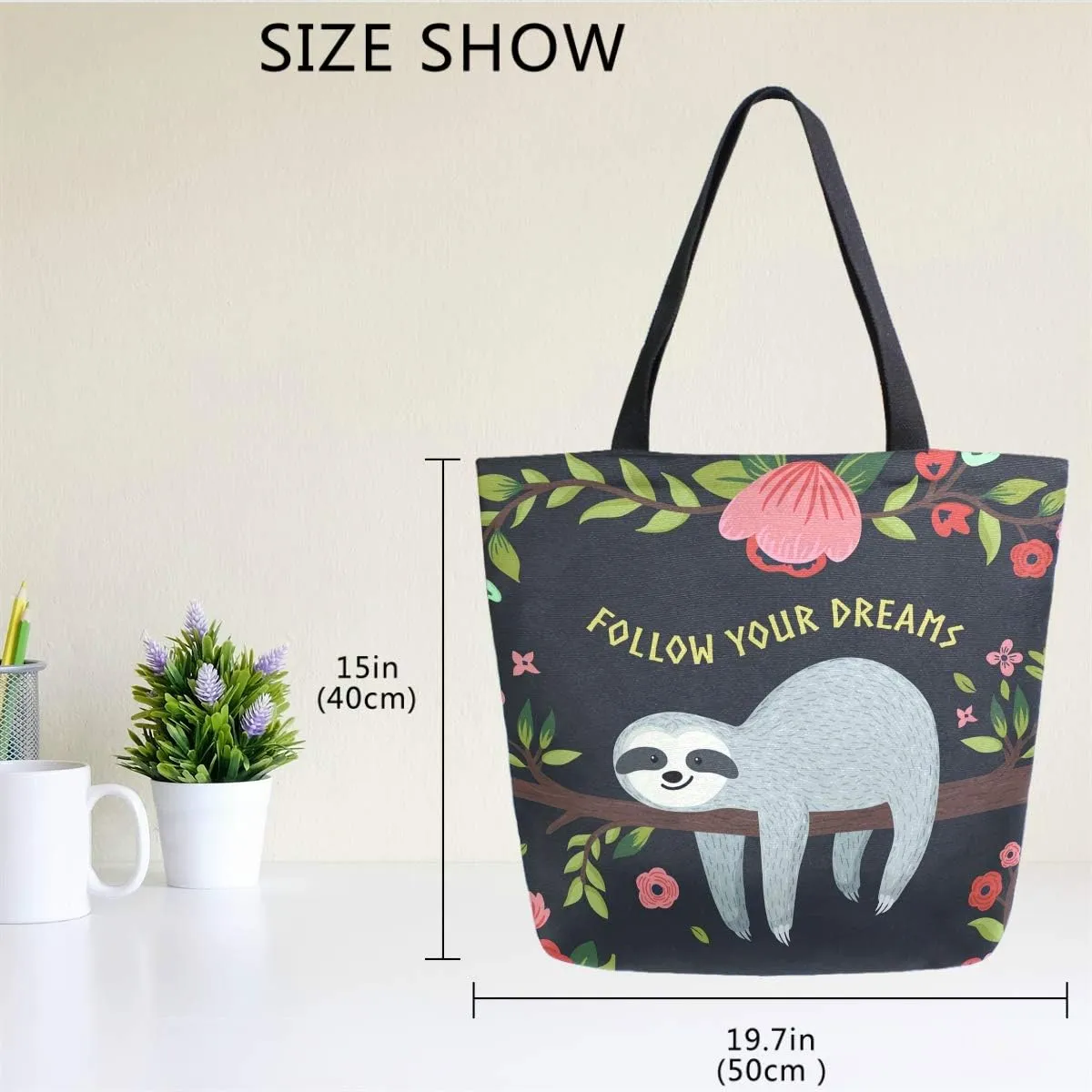 Naanle Follow Your Dreams Canvas Tote Bag Large Women Casual Shoulder Bag Handbag, Floral Sloth Reusable Multipurpose Heavy Duty Shopping Grocery Cotton Bag for Outdoors.