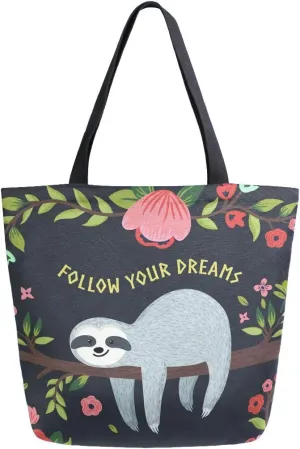 Naanle Follow Your Dreams Canvas Tote Bag Large Women Casual Shoulder Bag Handbag, Floral Sloth Reusable Multipurpose Heavy Duty Shopping Grocery Cotton Bag for Outdoors.
