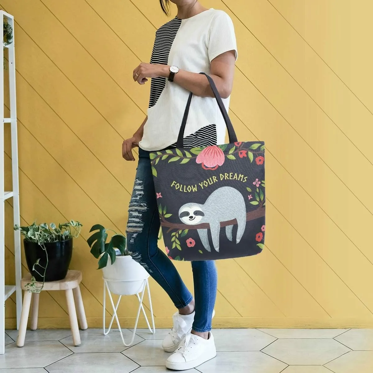 Naanle Follow Your Dreams Canvas Tote Bag Large Women Casual Shoulder Bag Handbag, Floral Sloth Reusable Multipurpose Heavy Duty Shopping Grocery Cotton Bag for Outdoors.