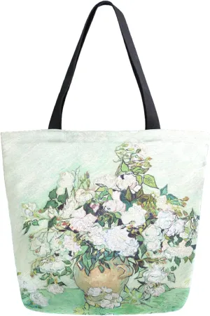 Naanle Oil Painting Van Gogh Canvas Tote Bag Roses Large Women Casual Shoulder Bag Handbag Reusable Multipurpose Heavy Duty Shopping Grocery Cotton Bag for Outdoors