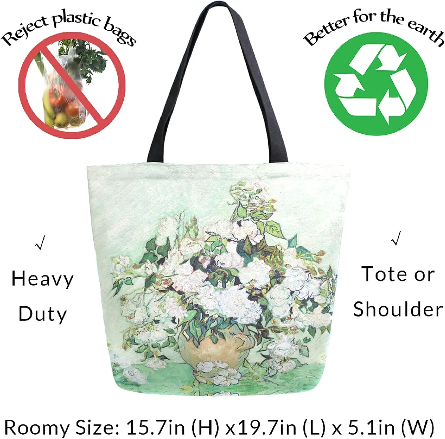 Naanle Oil Painting Van Gogh Canvas Tote Bag Roses Large Women Casual Shoulder Bag Handbag Reusable Multipurpose Heavy Duty Shopping Grocery Cotton Bag for Outdoors