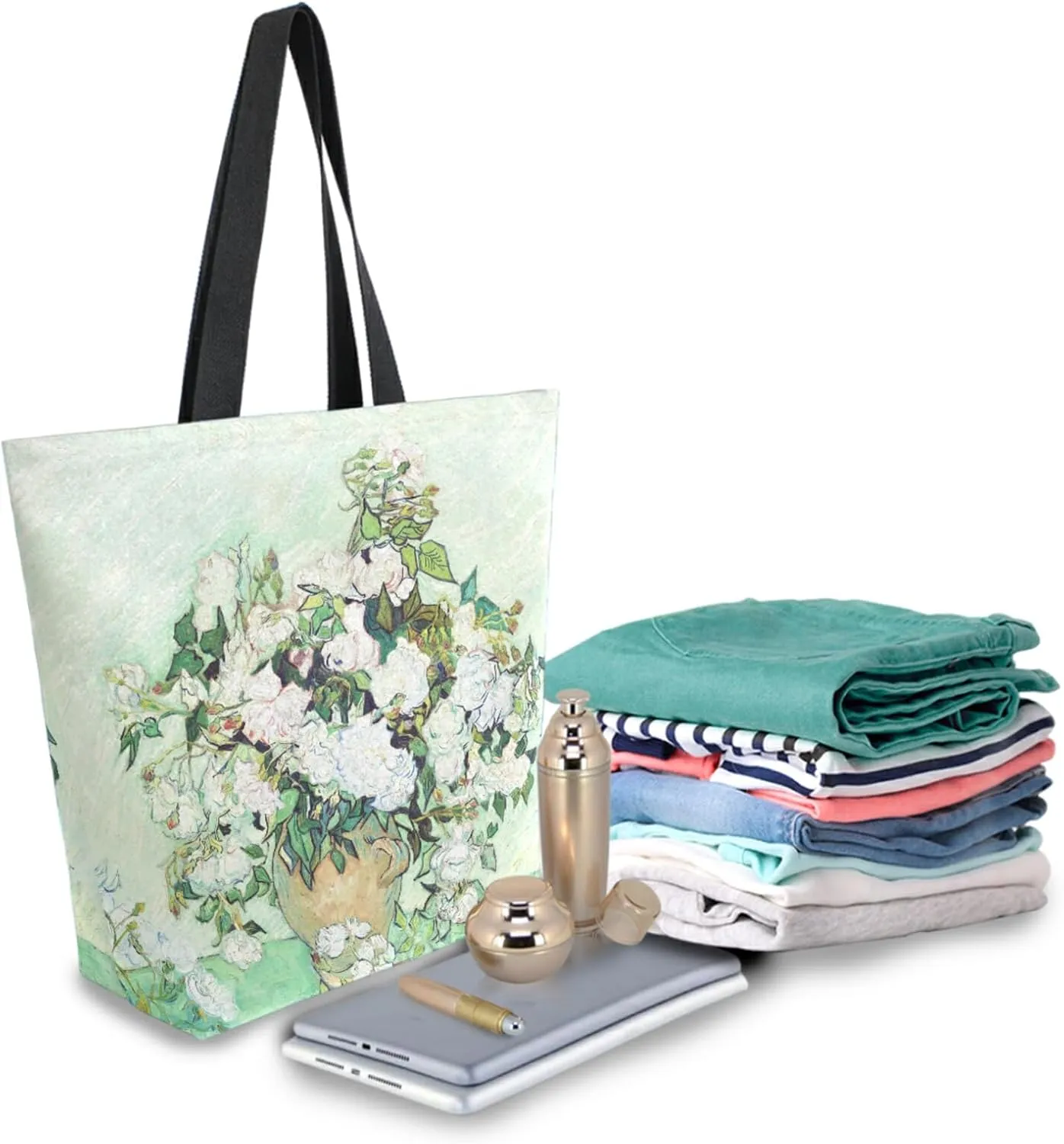Naanle Oil Painting Van Gogh Canvas Tote Bag Roses Large Women Casual Shoulder Bag Handbag Reusable Multipurpose Heavy Duty Shopping Grocery Cotton Bag for Outdoors