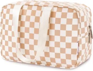 Narwey Large Checkered Travel Toiletry Bag Women Toiletries Bag Makeup Bag with Handle Make up bag Organizer Cosmetic Bag Medicine Bag for Girls (Light Checkerboard, Large)