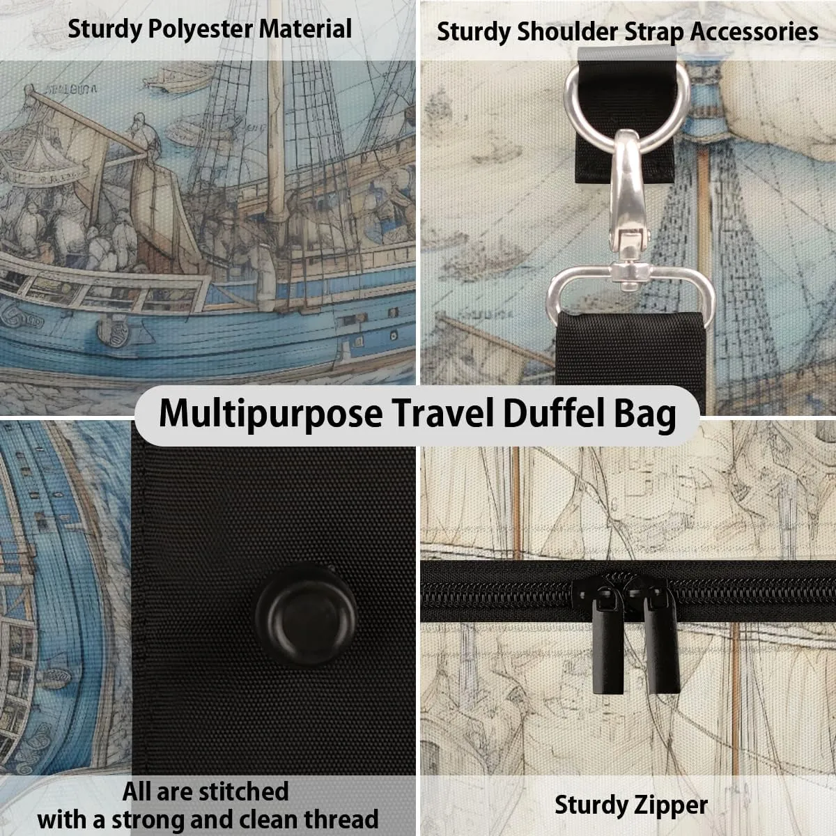Nautical Sailboat Travel Duffle Bag for Women Men Gym Duffel Foldable Bag Waterproof Weekender Sailing Sea Duffle Tote