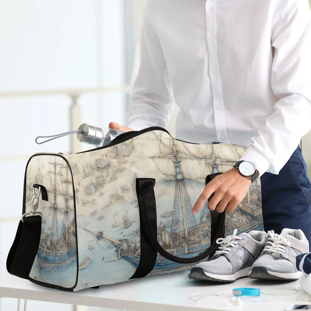 Nautical Sailboat Travel Duffle Bag for Women Men Gym Duffel Foldable Bag Waterproof Weekender Sailing Sea Duffle Tote