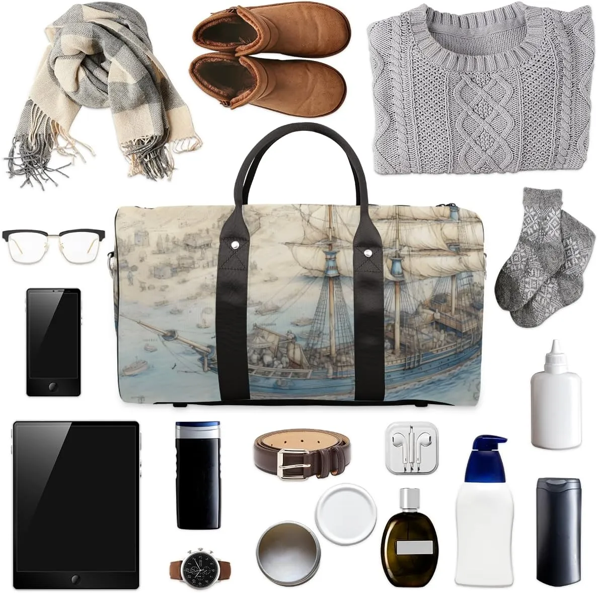 Nautical Sailboat Travel Duffle Bag for Women Men Gym Duffel Foldable Bag Waterproof Weekender Sailing Sea Duffle Tote