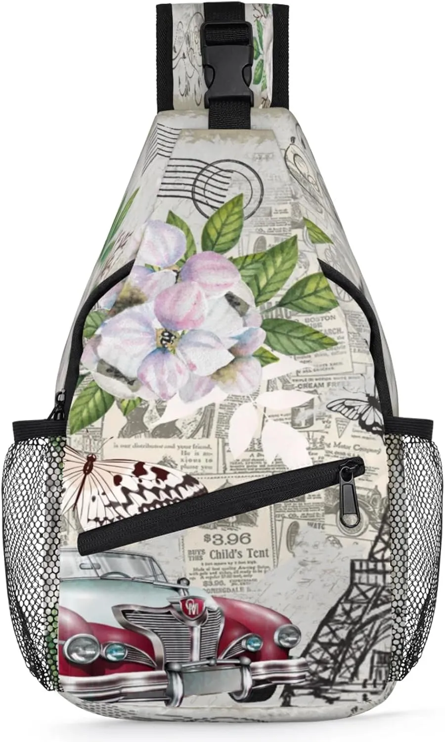 Newspaper Car Pylon Butterfly Sling Bag for Women Men Crossbody Sling Backpack Anti Thief Travel Chest Backpack for Hiking Traveling Leisure