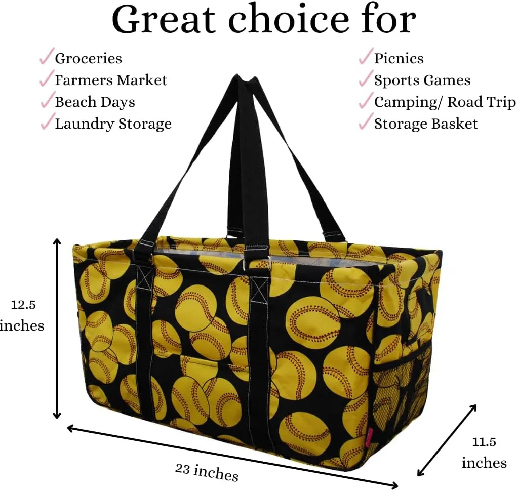 NGIL Extra Large Utility Tote Reusable Grocery Organizing Bag Oversized Collapsible for Storage, Picnic,Car, Beach (Softball-black)