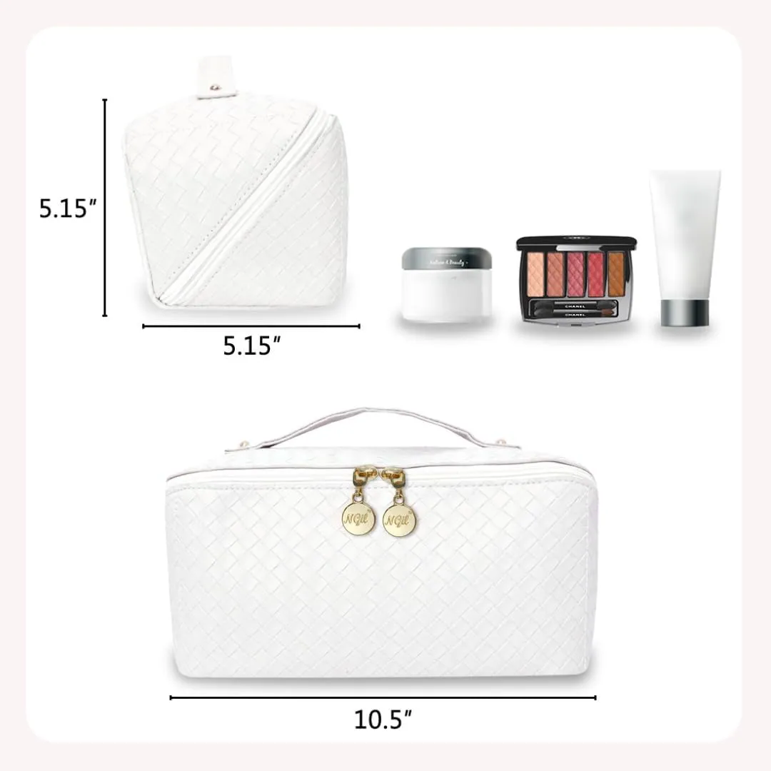 NGIL Travel Toiletry Bag, Makeup Bag, Cosmetic Bag, Portable Travel Makeup Bag, Large Capacity Cosmetic Organizer for Women, FREE COMPACT MIRROR INCLUDED (Basketweave-Cream, Large)